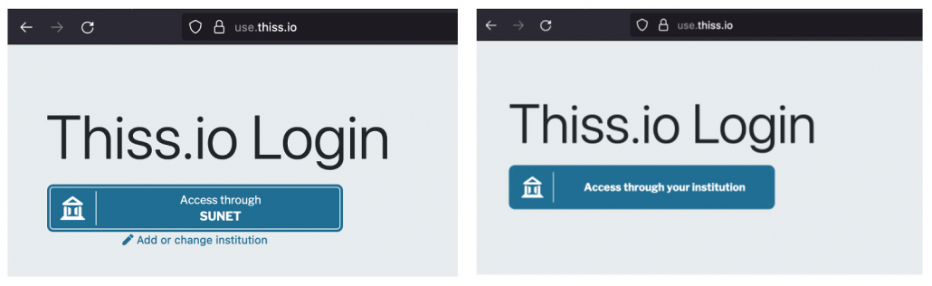 Screenshot showing that SeamlessAccess service is able to populate the SeamlessAccess button with the user’s last used identity provider